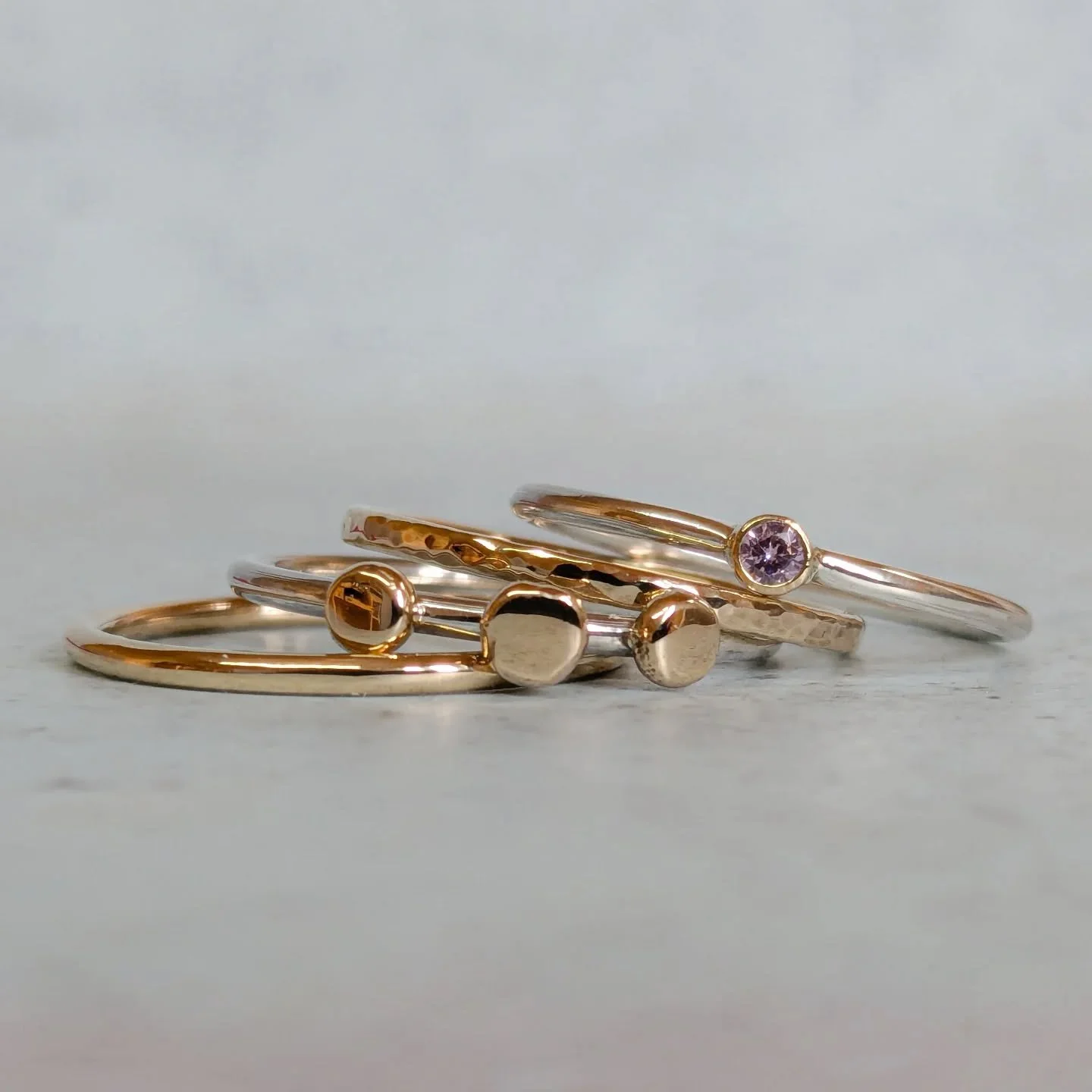 My finished stack from term 2, week 9 @jewellersacademybrighton 💍

Really pleased with how these turned out&hellip; although slightly annoyed I didn&rsquo;t make them in my size 🙈

9ct gold and silver mixed stacking rings:
&bull; Plain gold band
&b