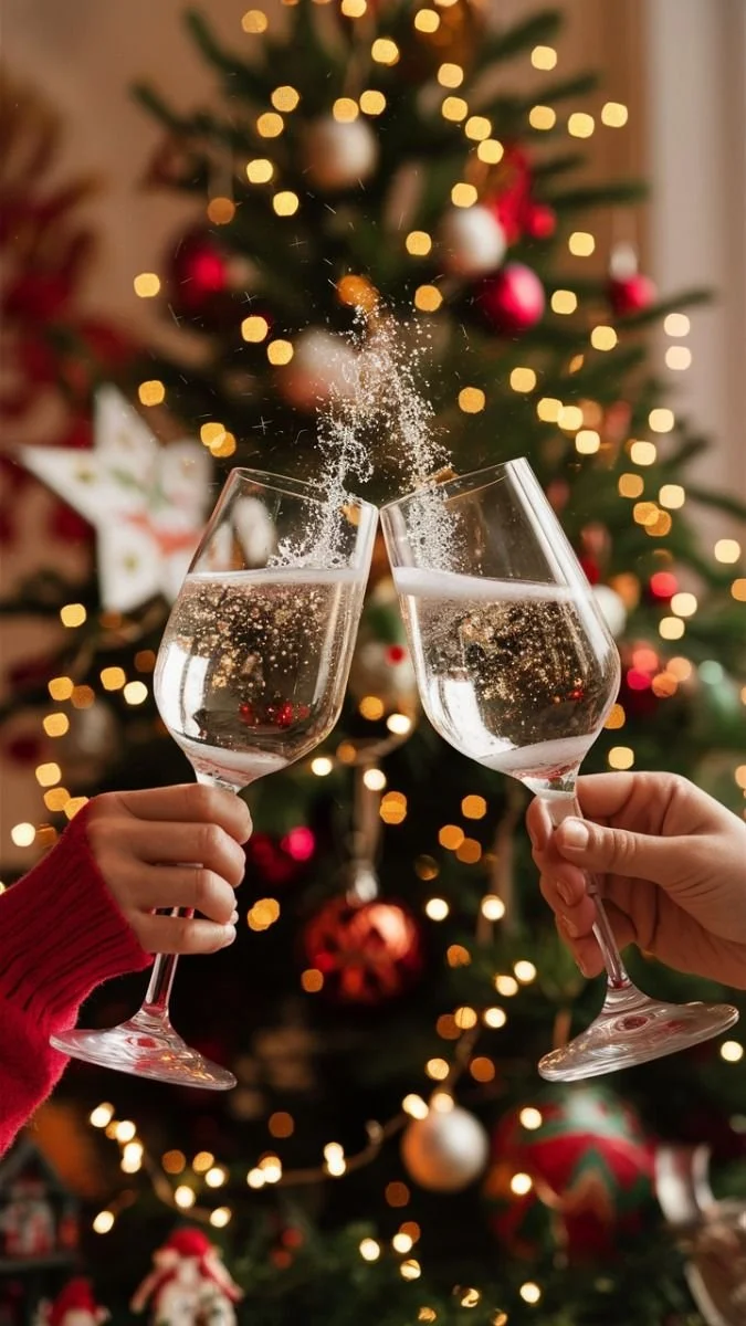 Two people toasting with champagne glasses in front of a decorated Christmas tree, with a burst of bubbles and splashes of champagne.