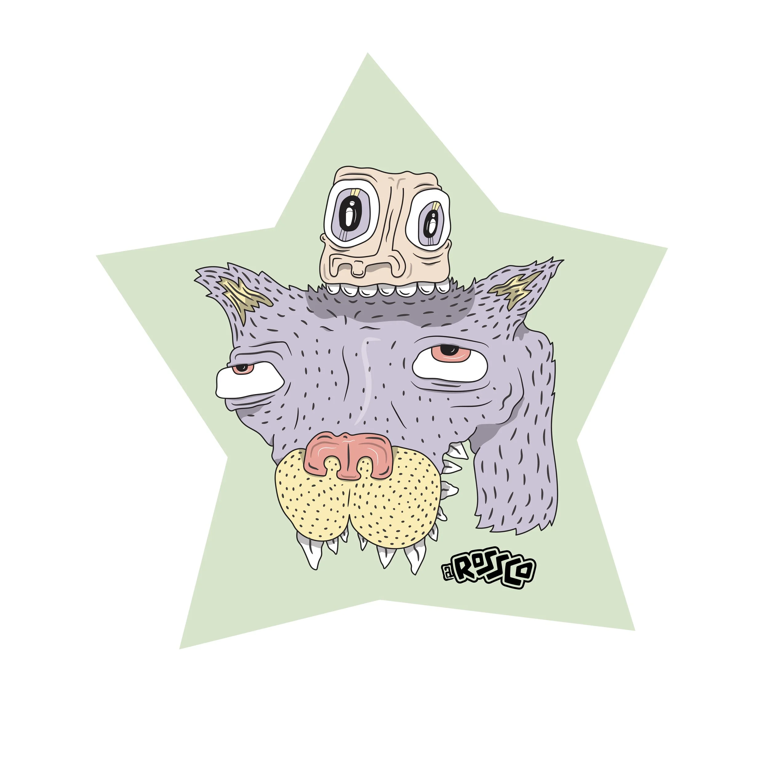 Cartoon illustration of a creature with multiple eyes, a large nose, and gray fur, with a green star-shaped background.
