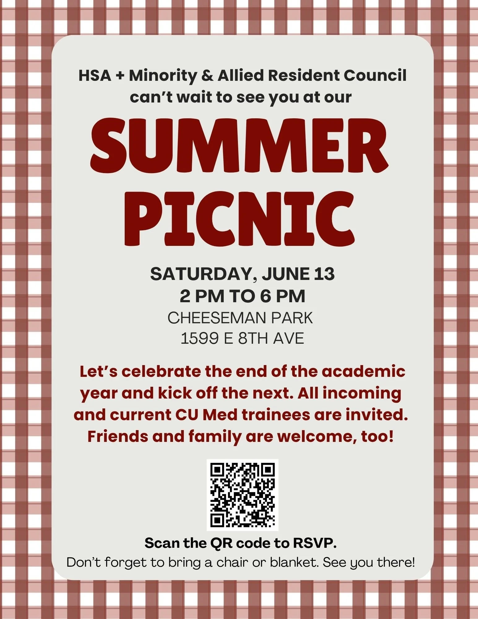Hey housestaff come hang out at Cheeseman Park this Saturday! HSA and MARC will have food, drinks, and good vibes. Check out the map to see where we'll be from 2-6.