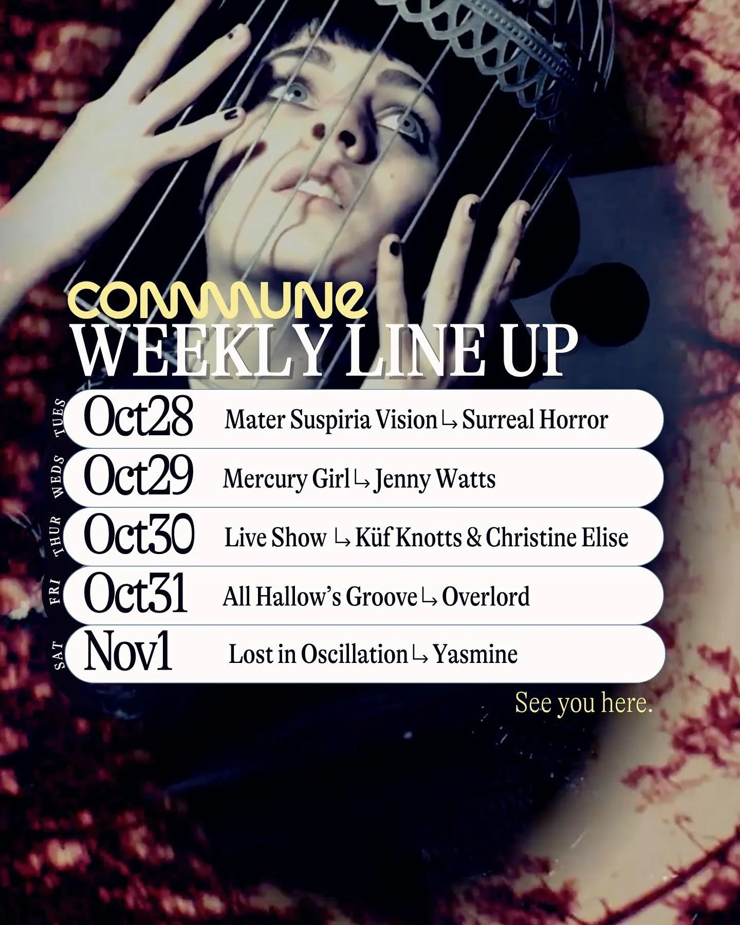 Exploring Darkness this week, because&hellip;Halloween 👹 But also have a positively toned hip hop + harp show to brighten your spirits. 🌟 Check it:

Tuesday 10/28 @matersuspiriavision showcase featuring psychedelic horror films of @cosmotropia_de_x