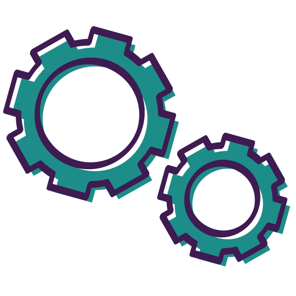 A graphic of two teal gears with purple outlines.