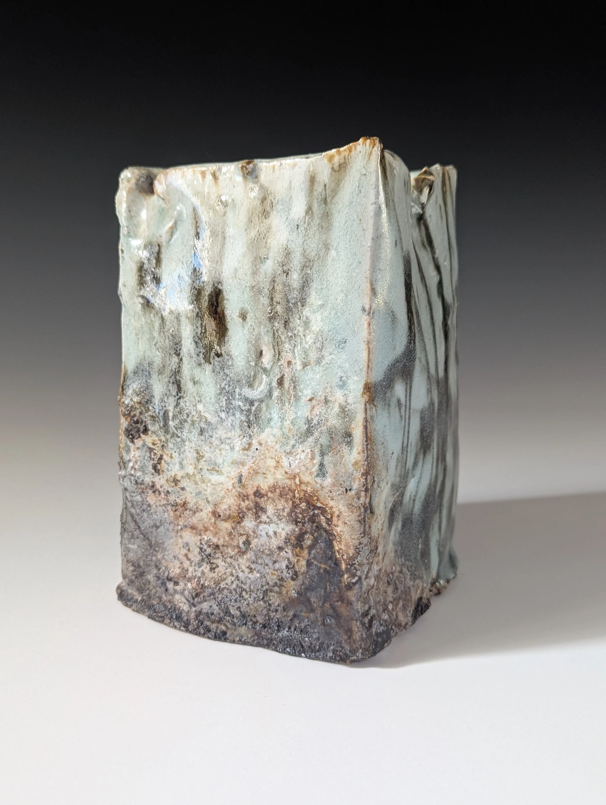 Square Vase - Wood-fired porcelain with Celadon and river mud glaze, 24 cm high