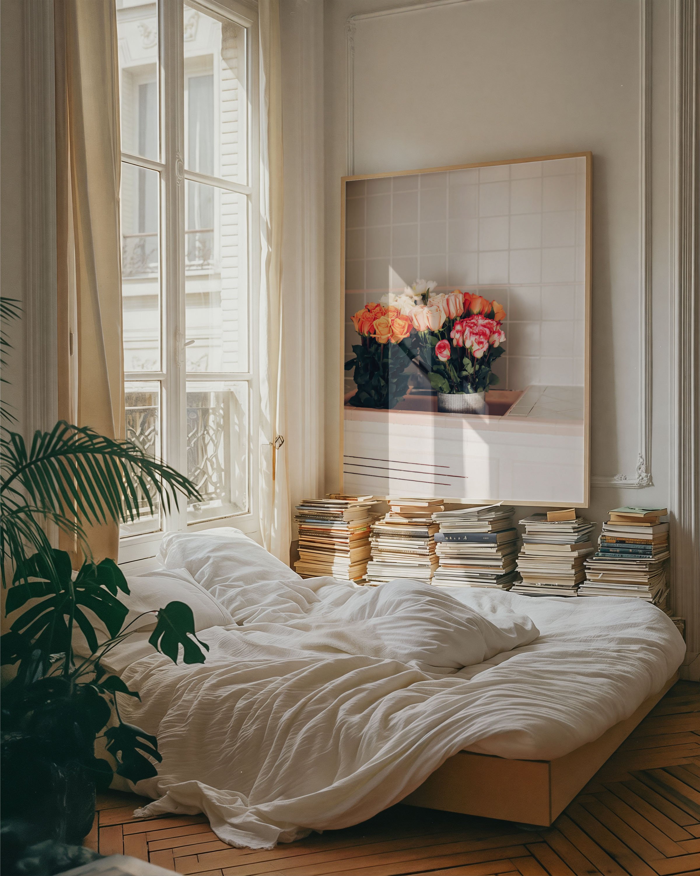 A cozy bedroom with a large window, cream curtains, a bed with white sheets and a pillow, a big stack of books along the wall, and a large framed photo of potted flowers on the wall.