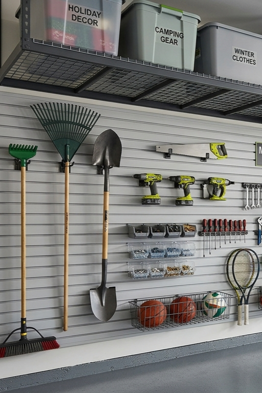 Maximize your garage space with slatwall and overhead storage
