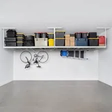 OVERHEAD ceiling mounted GARAGE STORAGE RACK with totes and hooks