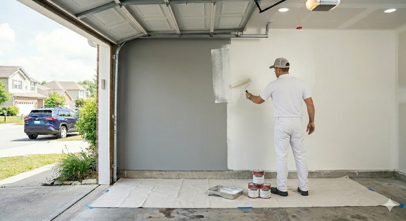Painter applying new paint to the garage walls
