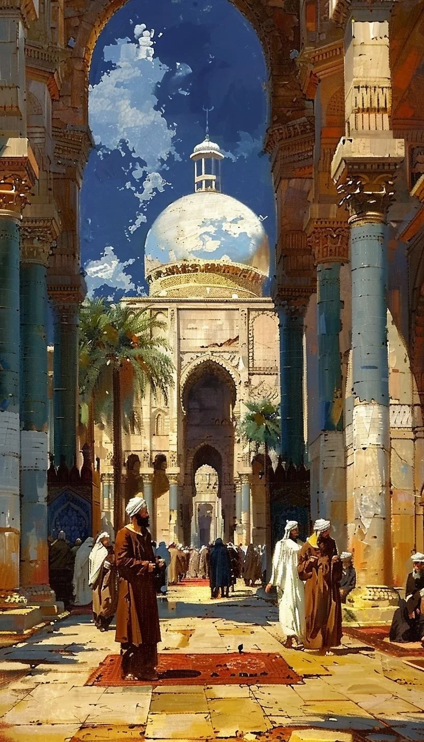 A bustling marketplace with people dressed in traditional Middle Eastern attire, surrounded by tall, ornate columns and arches. In the background, there is a grand white-domed building reflecting the sky with clouds, set against a clear blue sky.