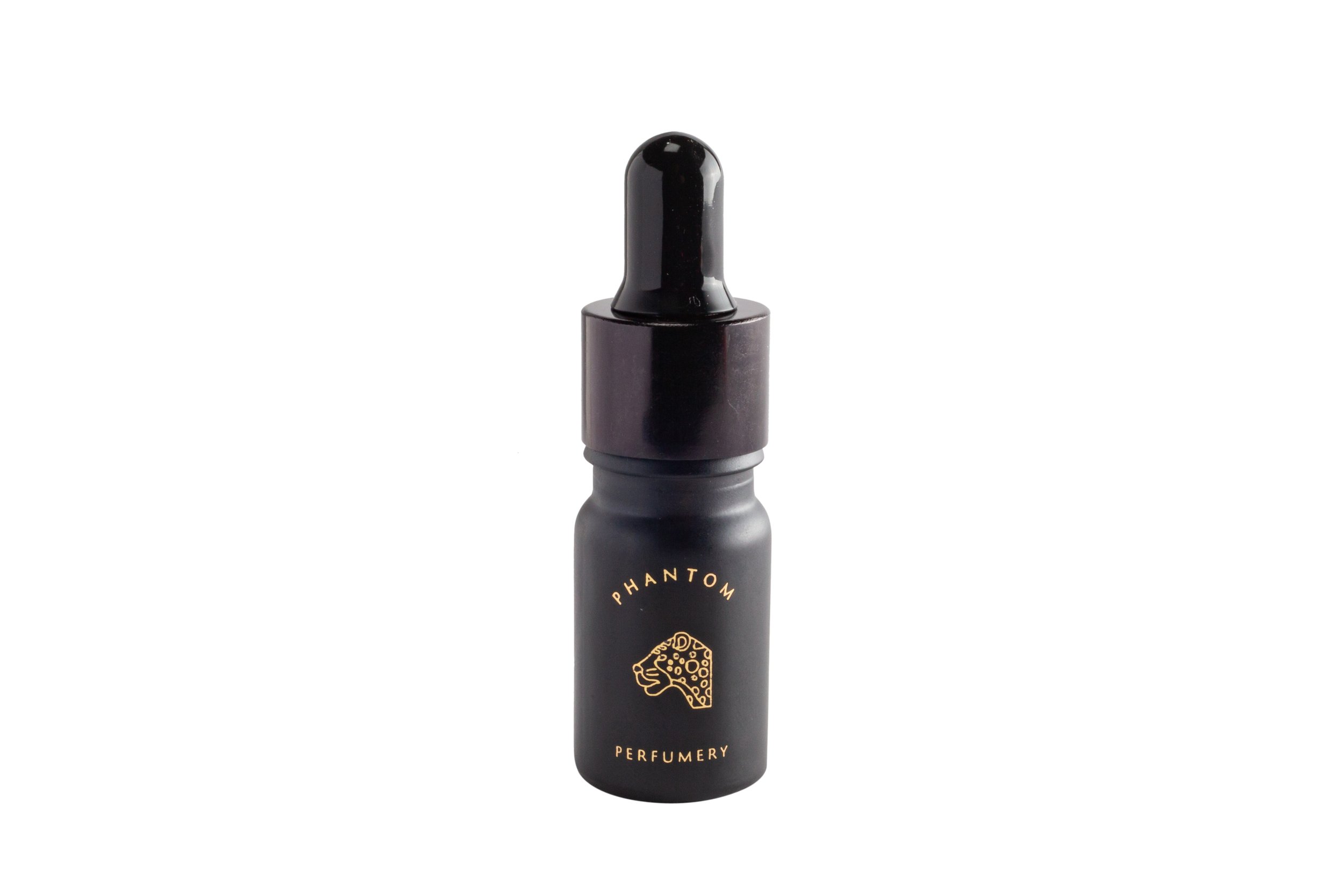 Black perfume roller bottle labeled 'Phantom Perfumery' with a gold panther head logo.