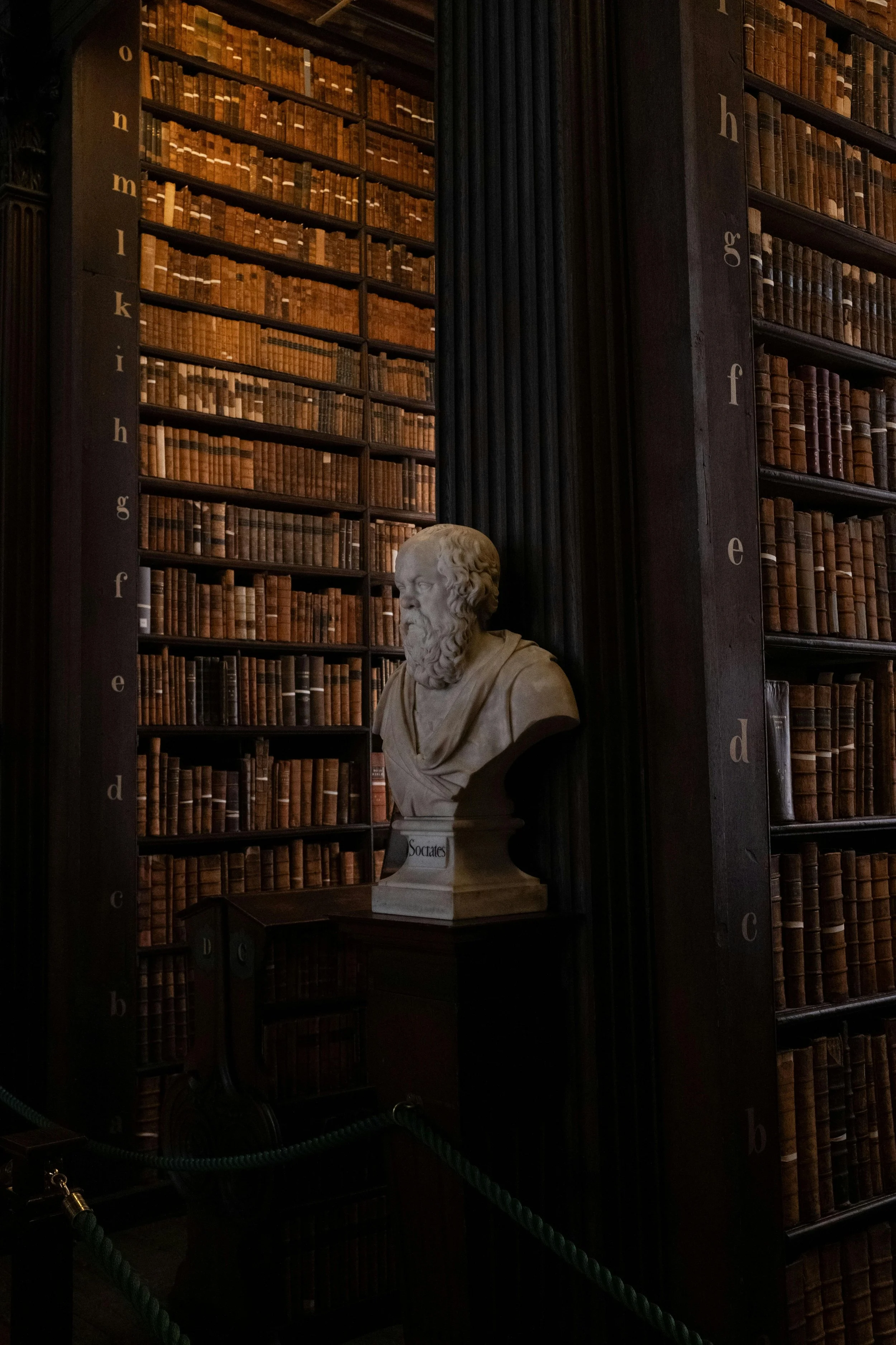 A marble bust of Socrates placed on a pedestal inside a historic library with tall bookshelves filled with old, leather-bound books, and decorative dark wood paneling.