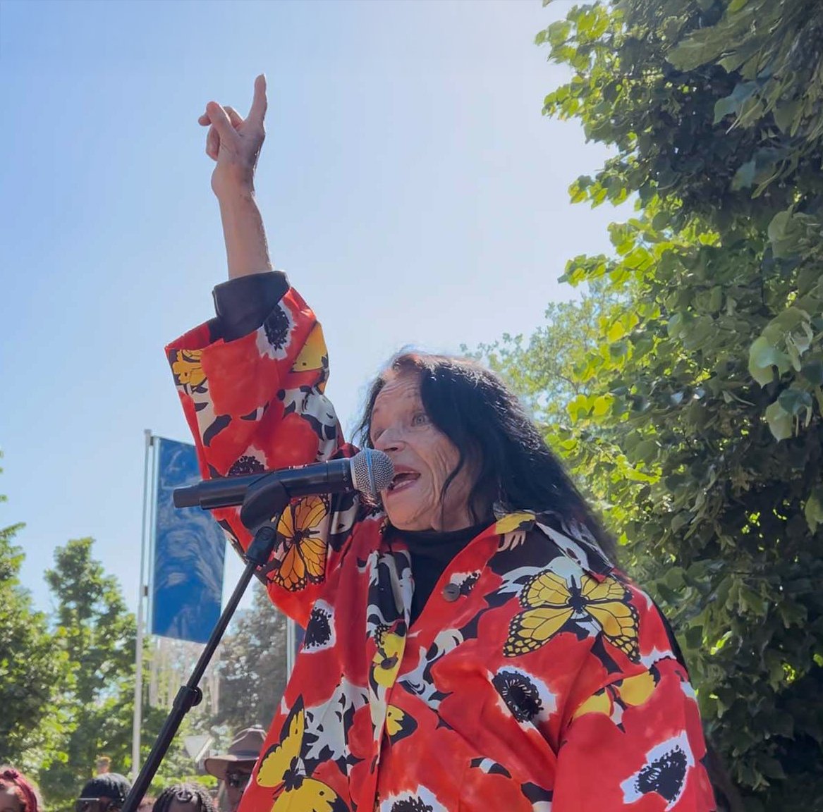 Anne Waldman performing at the Venice Biennale for the Poets Caravan. Venice, Italy. May 7, 2026. Photo by HR Hegnauer.