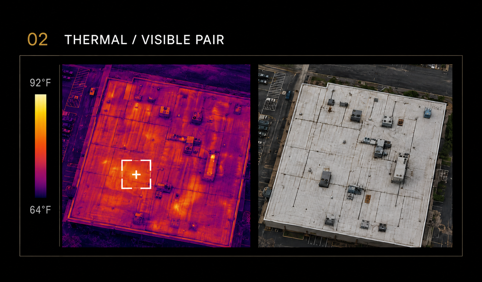 Paired radiometric thermal and visible aerial images of a commercial roof for side-by-side review.