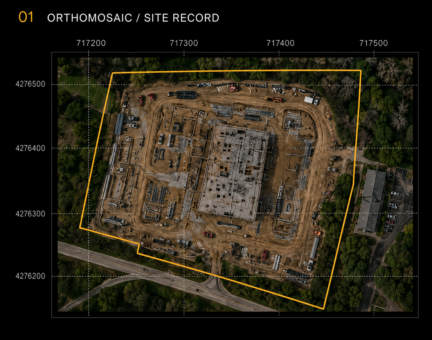Aerial orthomosaic of a construction site with a coordinate grid and the project boundary outlined in gold.