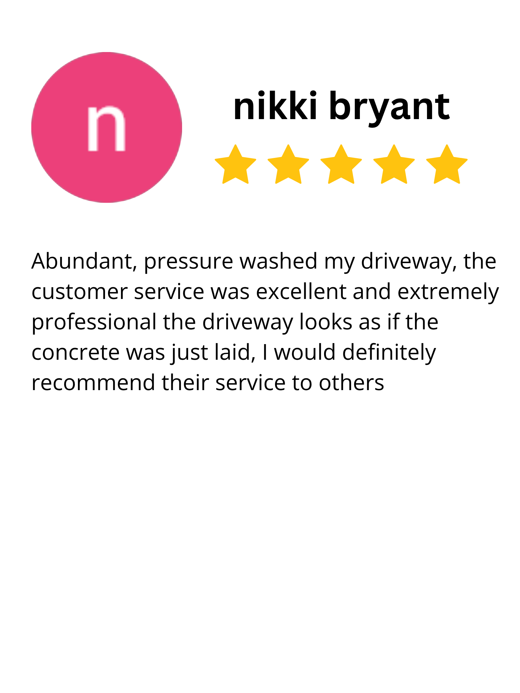 Review for Nikki Bryant with a five-star rating. The review praises the pressure washing service for being excellent, professional, and making the driveway look like new, and recommends their service to others.