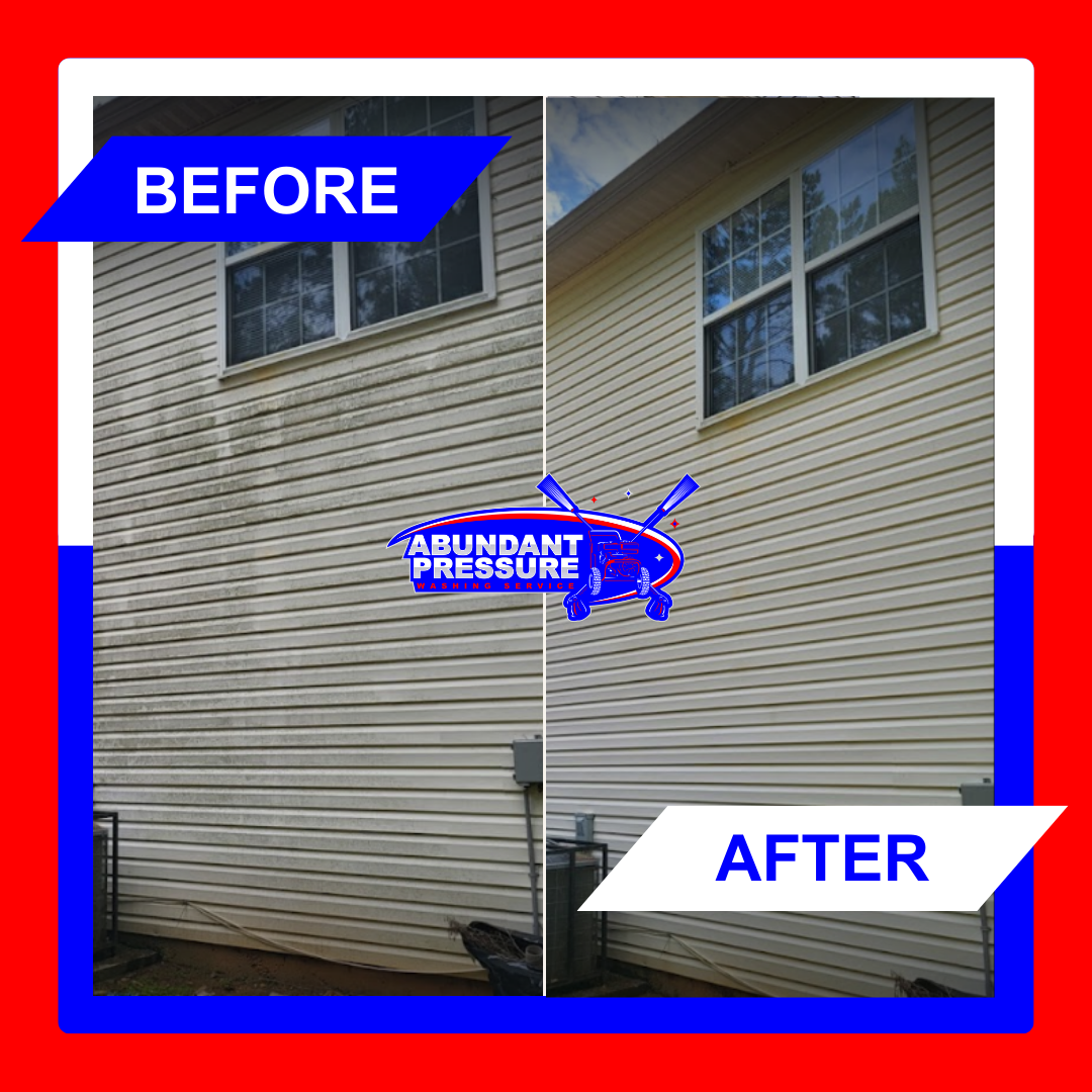 Side-by-side comparison of a house siding before and after cleaning. The left side labeled 'BEFORE' shows dirty, stained beige vinyl siding. The right side labeled 'AFTER' shows clean, bright beige vinyl siding with enhanced appearance.