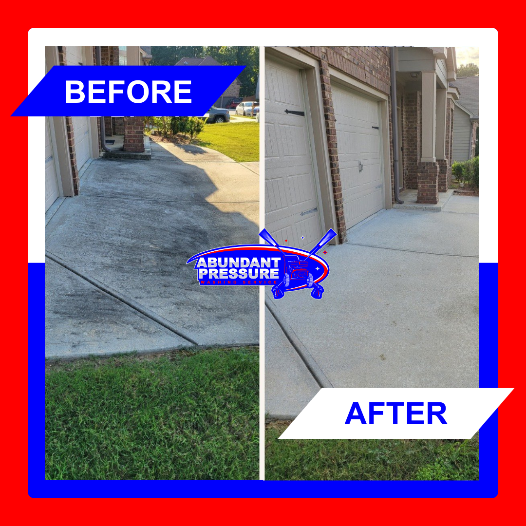Comparison of a concrete driveway before and after cleaning, showing a dirty, stained surface on the left and a clean, bright surface on the right, with the logo of Abundant Pressure Washing Service in the center.