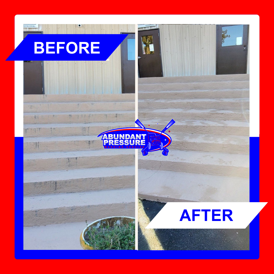 Comparison of a set of concrete steps before and after pressure washing, showing cleaner steps on the right after cleaning, with a logo for Abundant Pressure in the center.