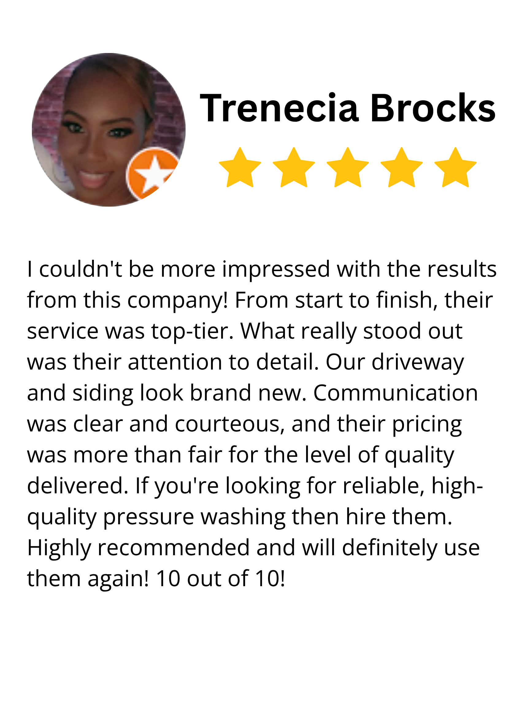 Customer review for a pressure washing company with a profile picture of a woman and five-star rating.