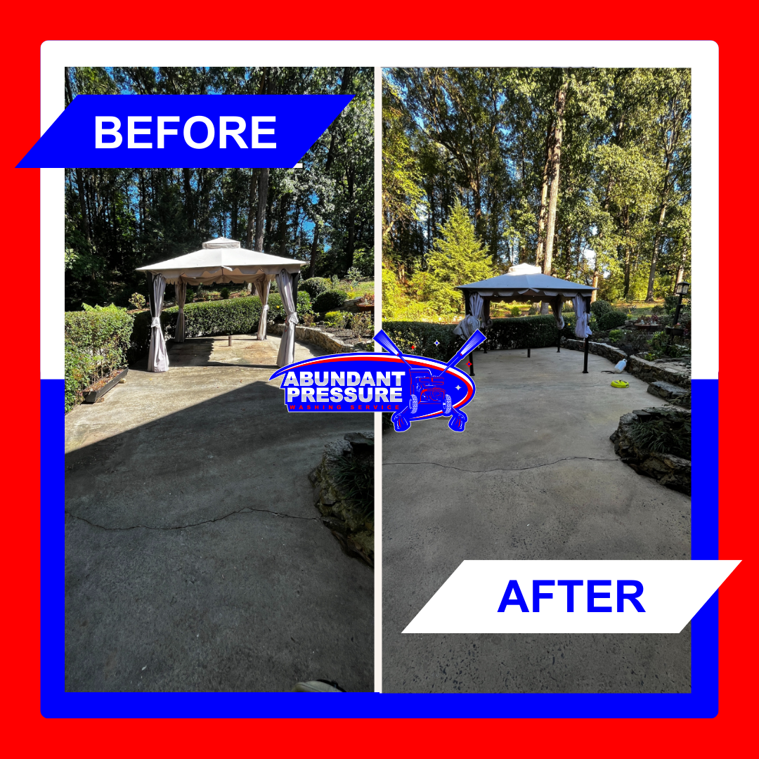 Comparison of a backyard patio before and after pressure washing, showing cleaner, brighter concrete surface and improved appearance.