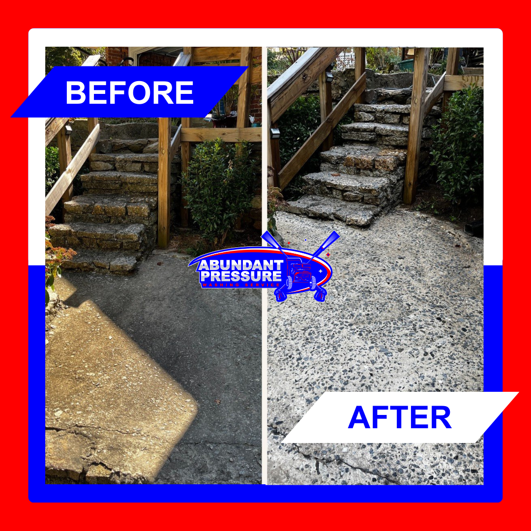 Comparison of a stone staircase before and after pressure washing. The "before" side shows dirt and moss on the stairs, while the "after" side shows clean, bright stones. The image features the logo of Abundant Pressure Washing Service.