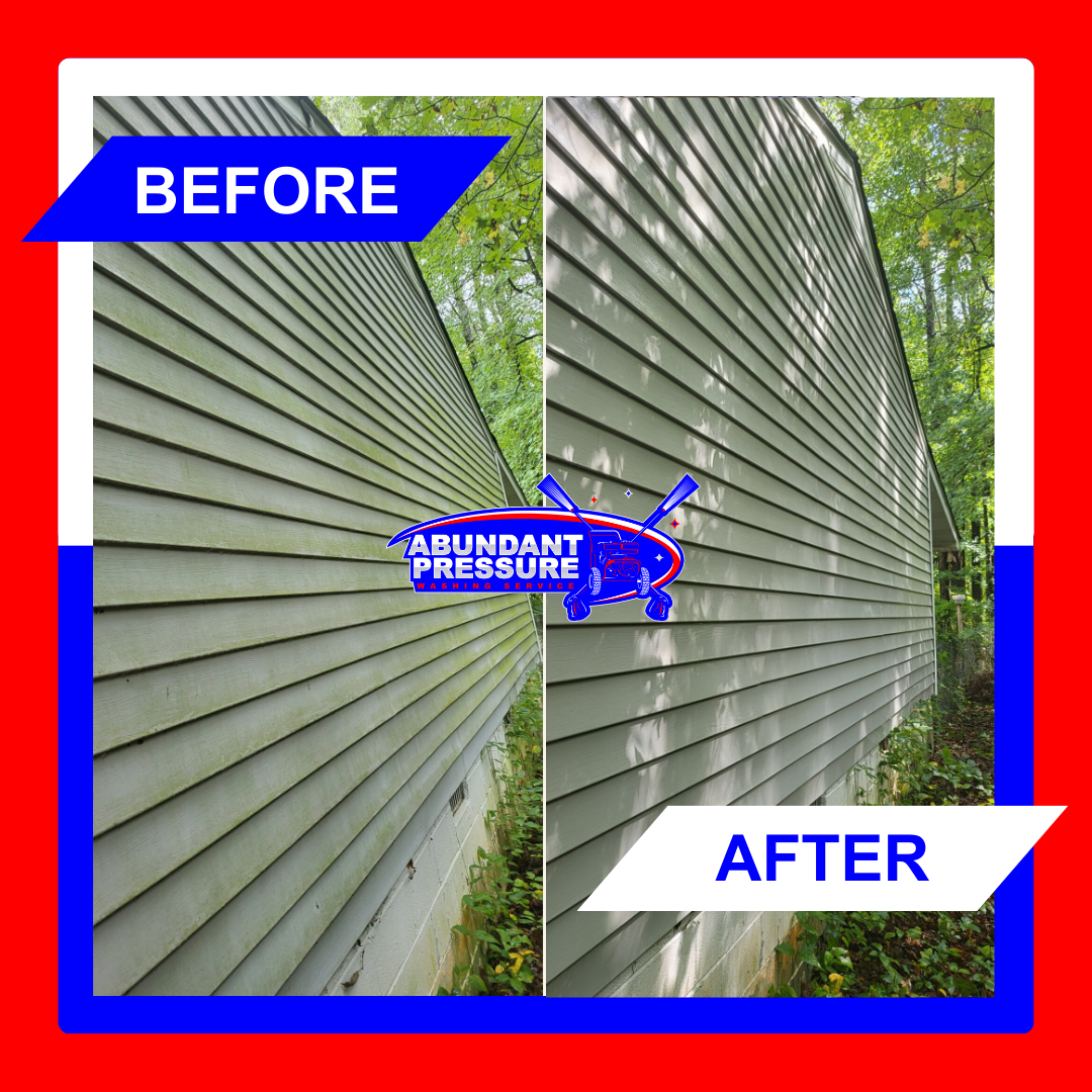 Comparison of house siding before and after cleaning, with the before side showing darker, dirtier siding and the after side showing cleaner, brighter siding.