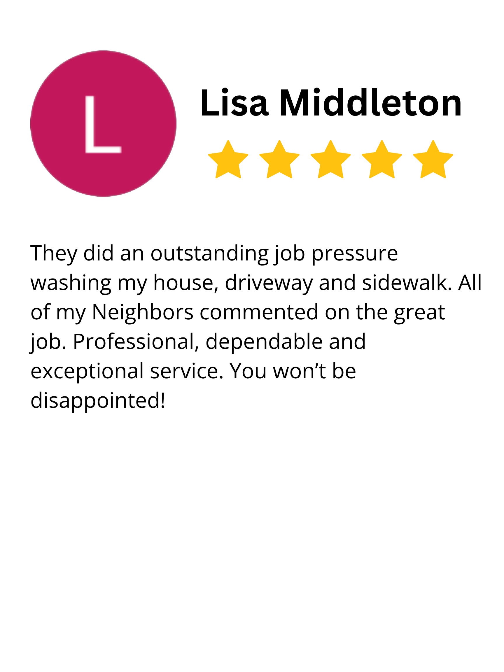 Customer review for Lisa Middleton with a 5-star rating, praising her for excellent pressure washing service for house, driveway, and sidewalk, highlighting her professionalism and dependability.