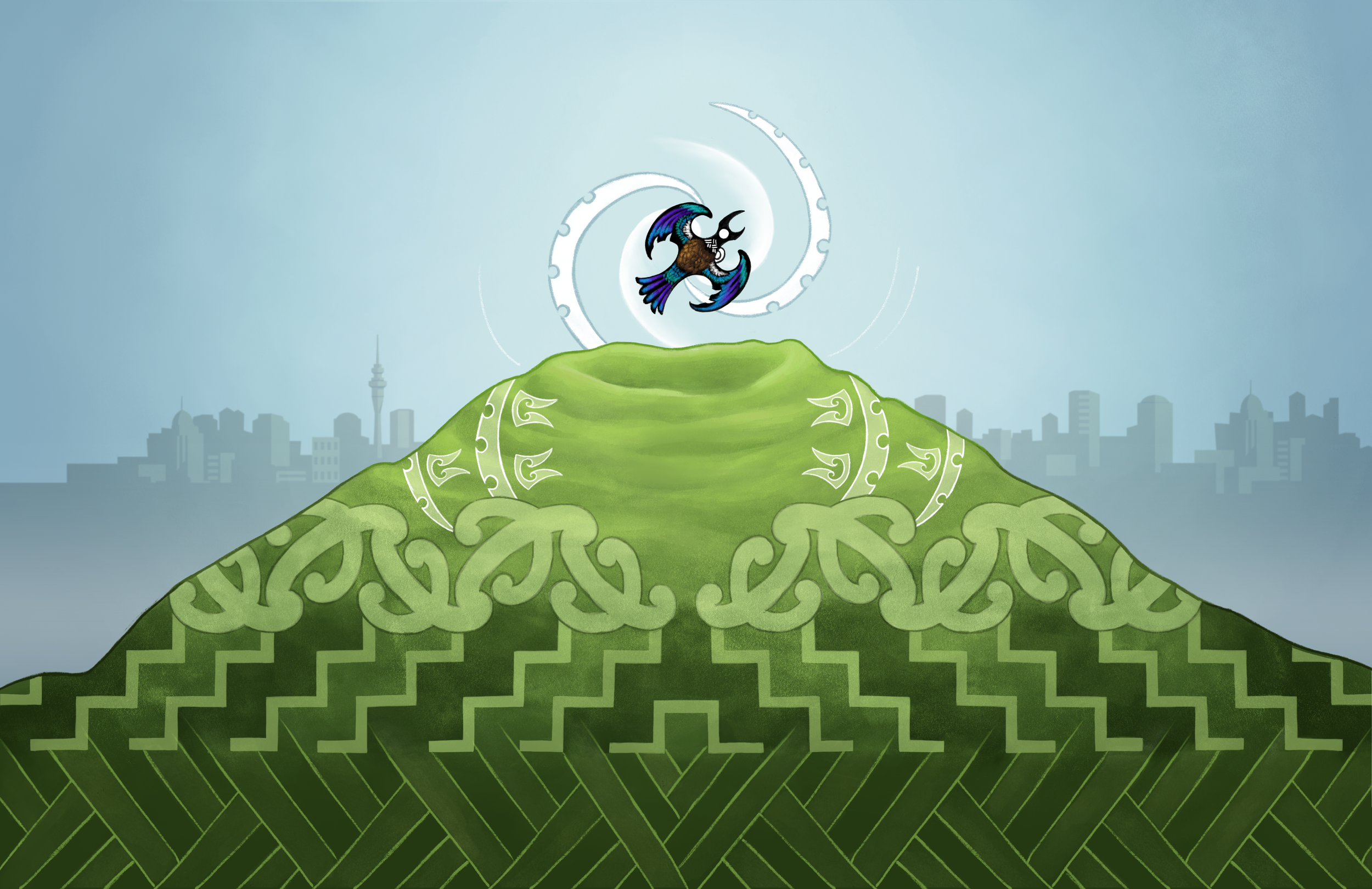 A full-page illustration of a tūī in flight above a maunga infront of an Auckland cityscape. Kowhaiwhai patterns cover the maunga in four layers.