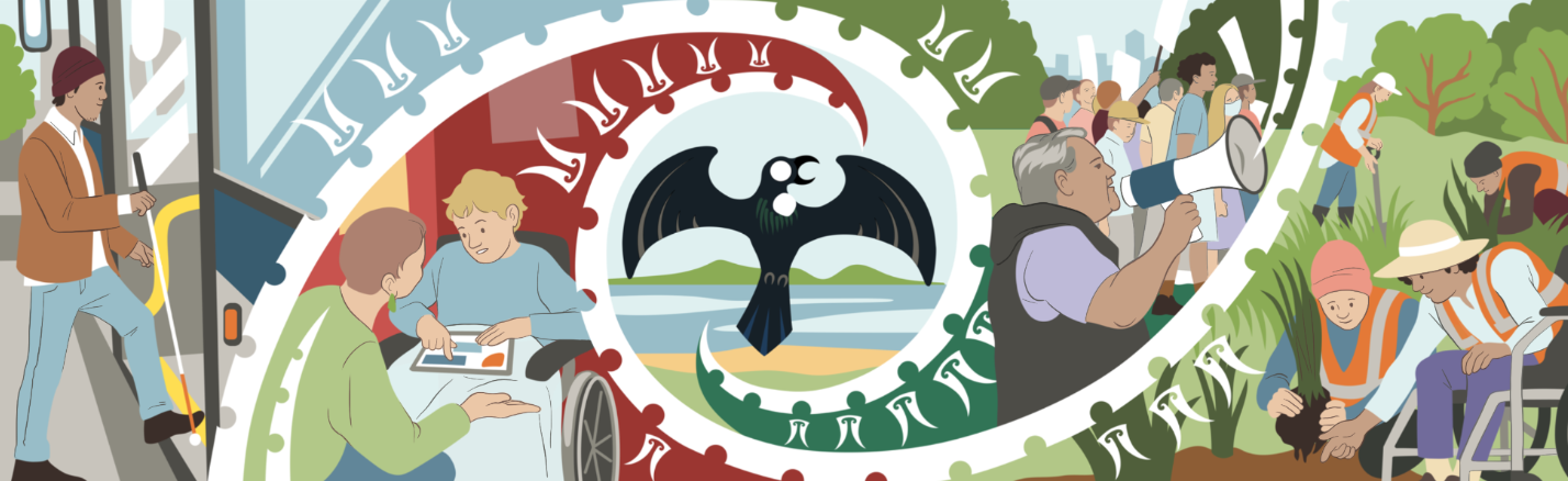 A finished version of an illustration showing people with different disabilities engaging in climate action such as taking the bus, giving feedback, attending a protest and planting native trees. A tūī in flight is shown in the middle surrounded by k