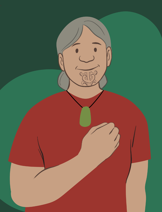 An illustration of a wahine with grey hair and a moko kauae wearing a taonga and a red t-shirt signing for the word 'aroha' on a green background.