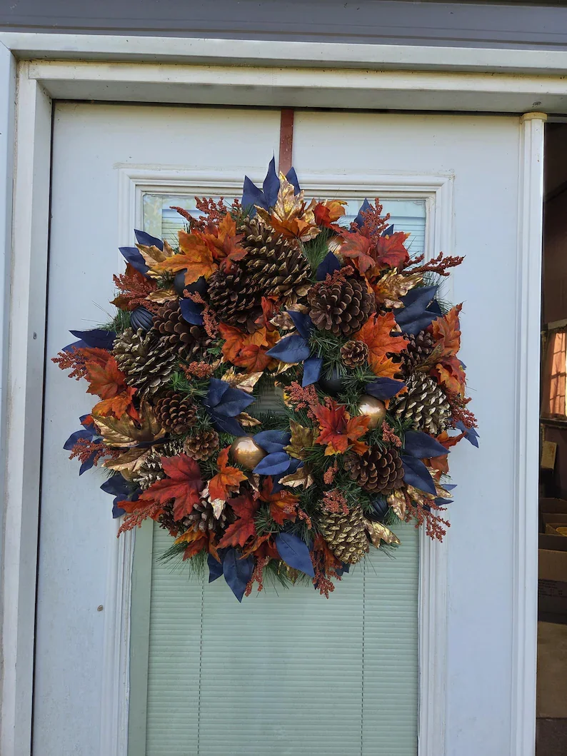 Fall Wreath – Navy Blue Pumpkin Door Décor with Pinecones & Foliage