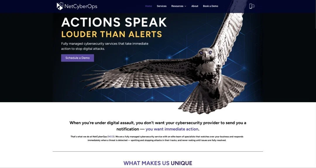 Cybersecurity website homepage with a hawk image, promoting rapid response services, featuring a 'Schedule a Demo' button.