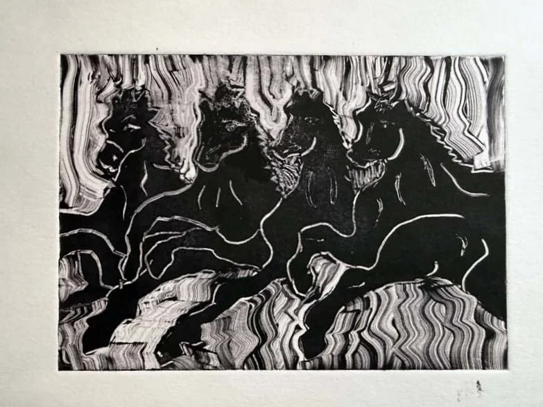 Charioteers - original mono print by Debra Lennox