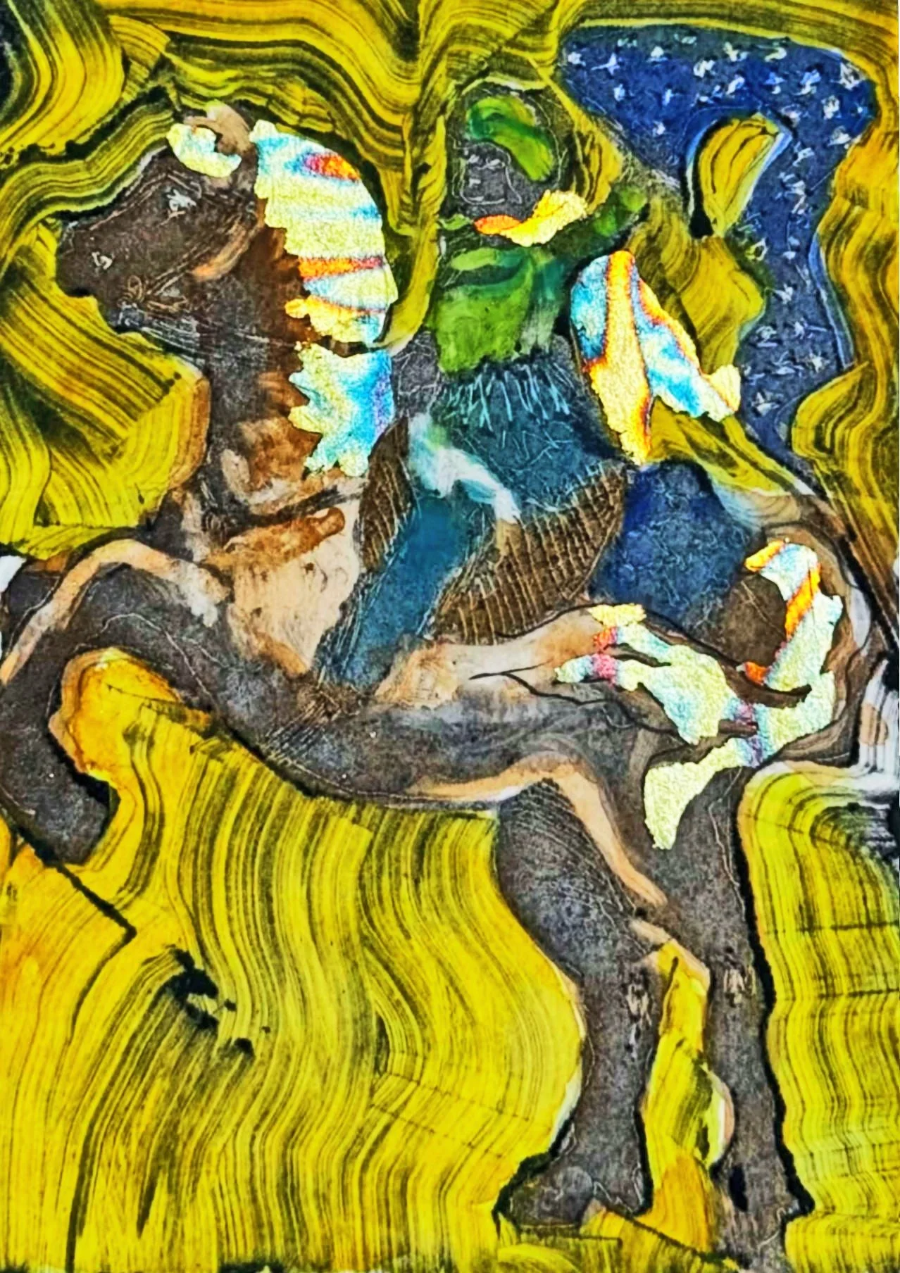 Yellows blues and browns of a Hand colored & gilded monoprint of a woman on a horse.
