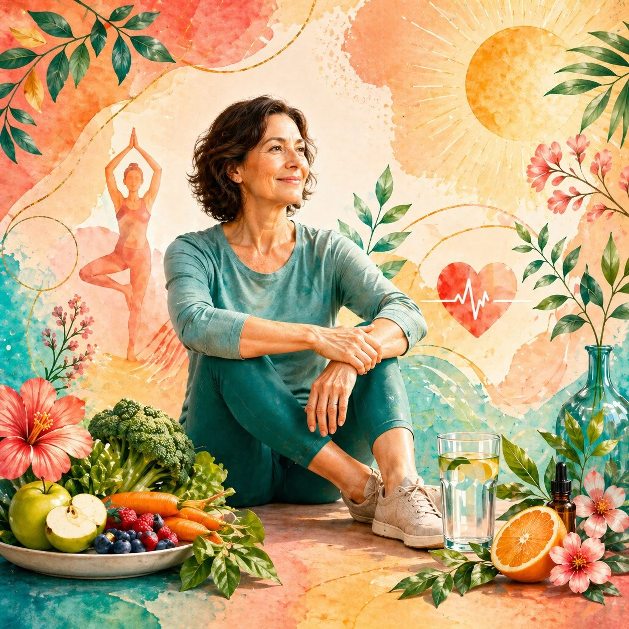 Illustration einer entspannten Frau in sportlicher Kleidung, umgeben von Obst, Gemüse, Wasser, Pflanzen, Sonne und Gesundheitssymbolen als Einstieg zu Blogbeiträgen rund um Wohlbefinden, Bewegung und gesunde Rituale.