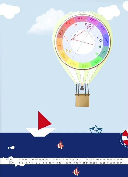Heißluftballon mit astrologischem Symbolkreis über dem Meer als Motiv für den Astrokalender August 2026