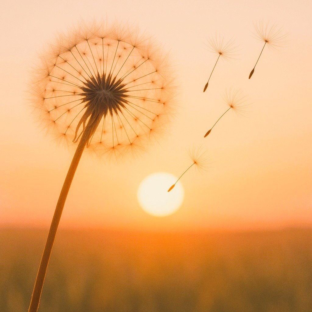 Pusteblume im Abendlicht – feine Samen fliegen im Wind, Symbol für Loslassen, Atem und innere Leichtigkeit.