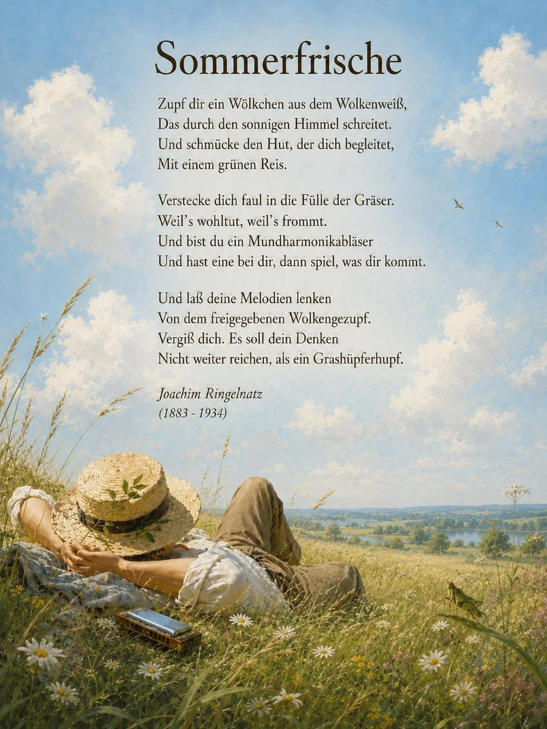 Zwischen hohen Gräsern, Wolkenweiß und weitem Himmel liegt ein Mann mit Sonnenhut. Er schenkt seinen Gedanken eine Pause und gibt sich dem süßen Nichtstun hin.