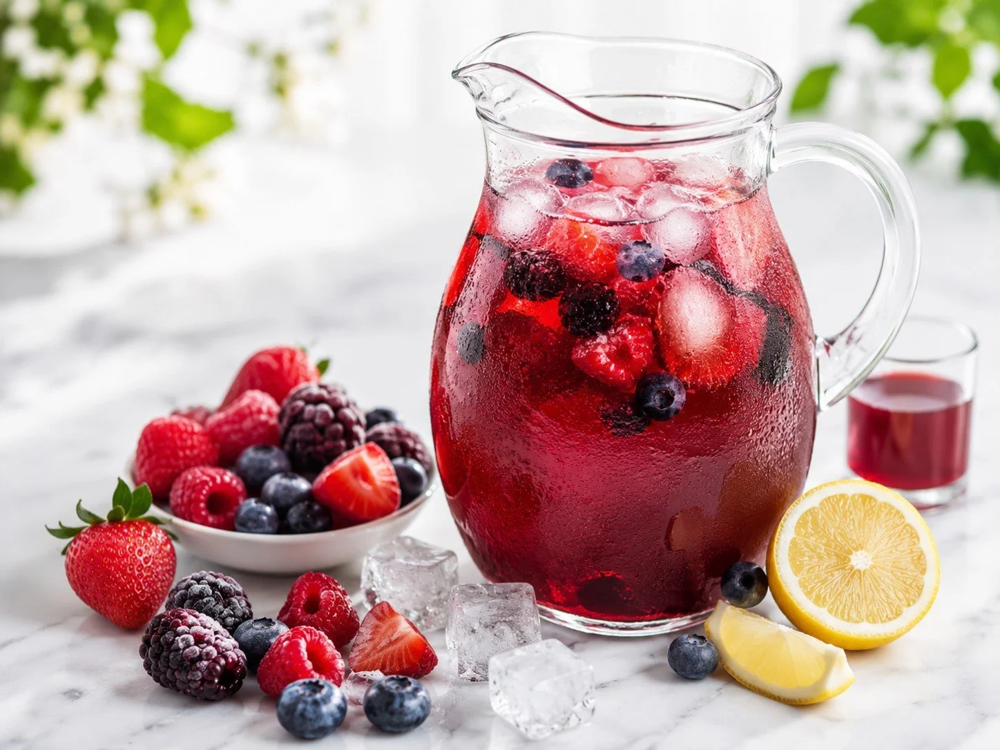 Erfrischender Beeren-Eistee ohne Zucker mit Hibiskustee, frischen Beeren, Zitronensaft und Eiswürfeln – einfach, fruchtig und schnell zubereitet.