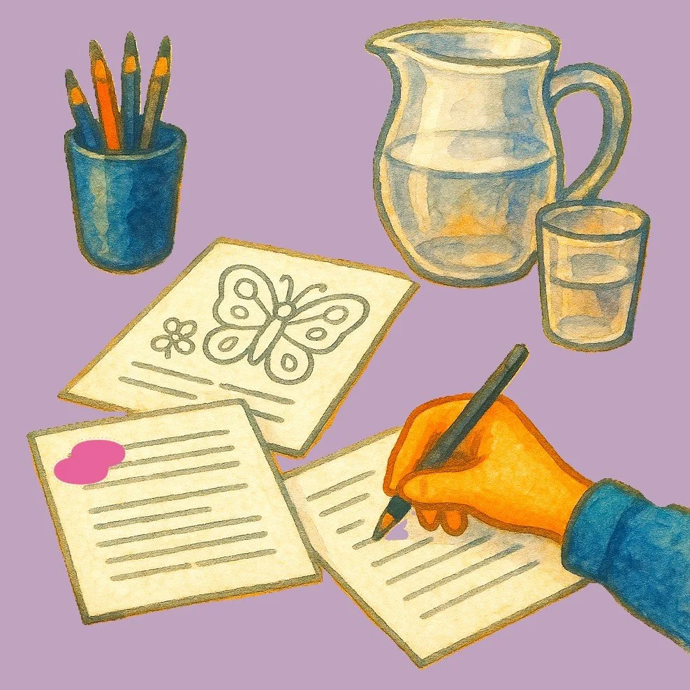 Illustrierte Szene mit Papier, Stiften und Schreibhand als Einladung zum Ausfüllen, Mitdenken, Ausmalen und kreativen Arbeiten.