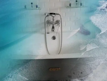 Eine ruhige Szene mit Wasser und sanften Blautönen, die Rückzug, Entspannung und bewusste Selbstreflexion symbolisiert.