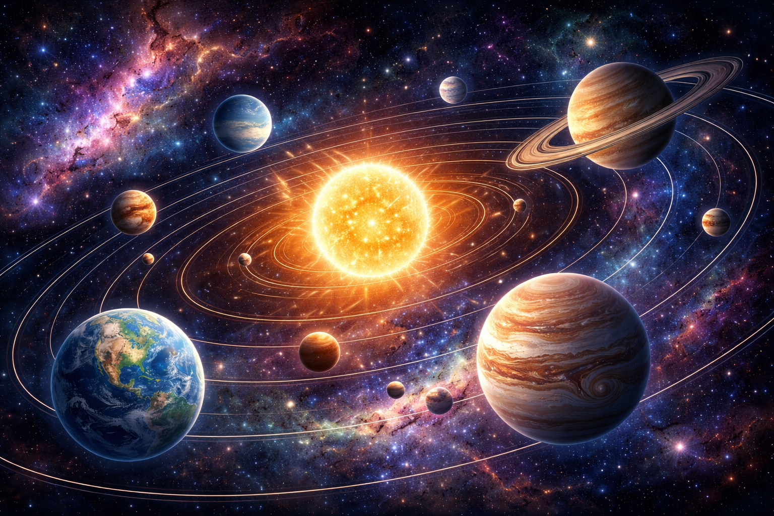 Darstellung des Sonnensystems mit Sonne und umlaufenden Planeten im Weltraum