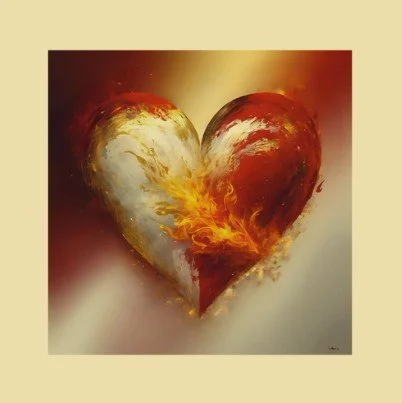 Herzmotiv mit warmen Feuerfarben als Symbol für innere Reinigung, Wandlung und liebevolle Klarheit.