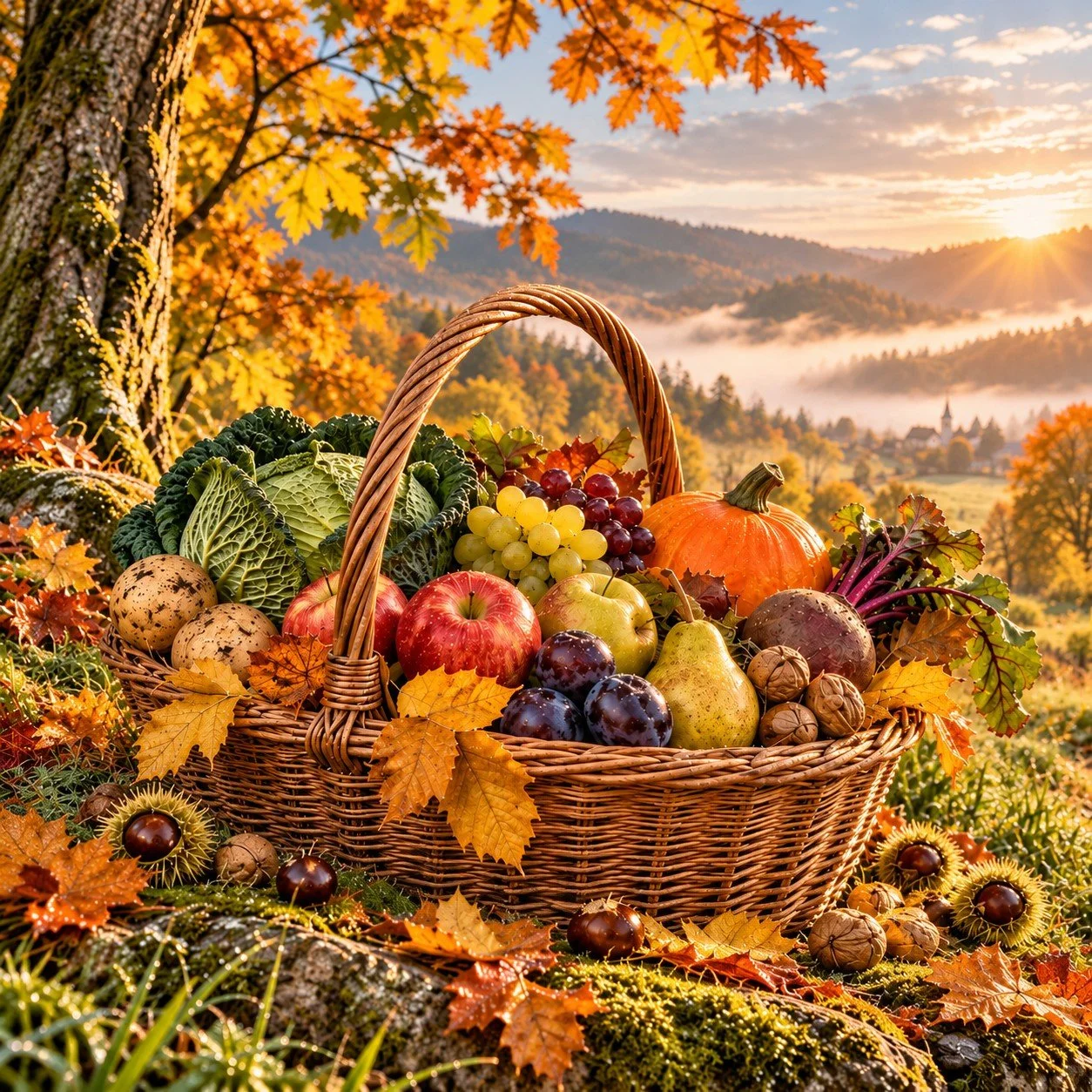 Großer herbstlicher Erntekorb mit Kürbis, Äpfeln, Birnen, Weintrauben, Kartoffeln, Wirsing, Roter Bete, Walnüssen und Kastanien in einer goldenen Herbstlandschaft.