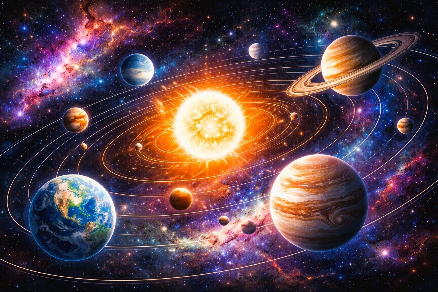 Sonne und mehrere Planeten mit Umlaufbahnen vor Sternenhimmel