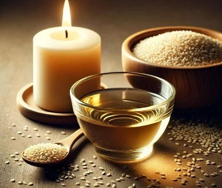 Warmes Stillleben mit Kerze, Sesamöl und natürlichen Materialien als Symbol für achtsame Selbstmassage, Ruhe und Selbstfürsorge.