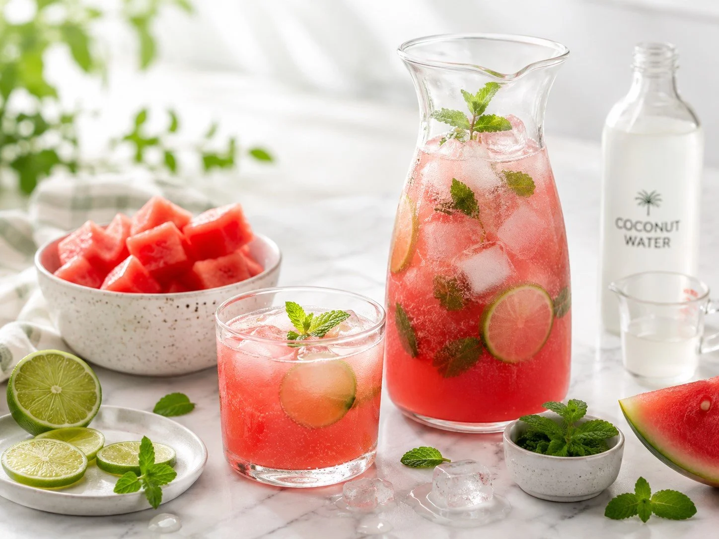 Erfrischender Wassermelonen-Limetten-Drink mit Minze, kaltem Wasser und Eiswürfeln – fruchtig, schnell zubereitet und perfekt für heiße Sommertage.