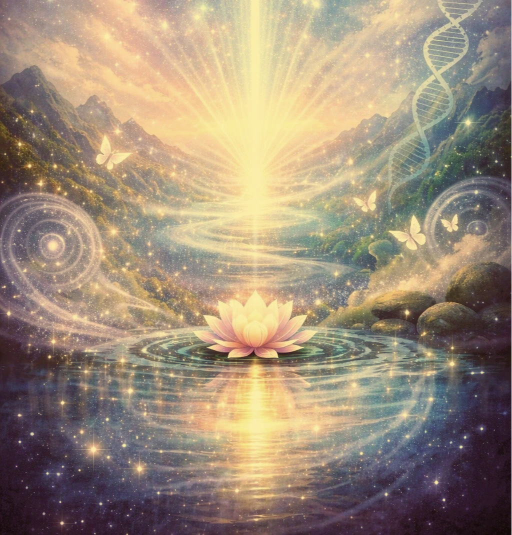 Lichtstrahl über stillem See mit Lotusblüte in spiritueller Landschaft