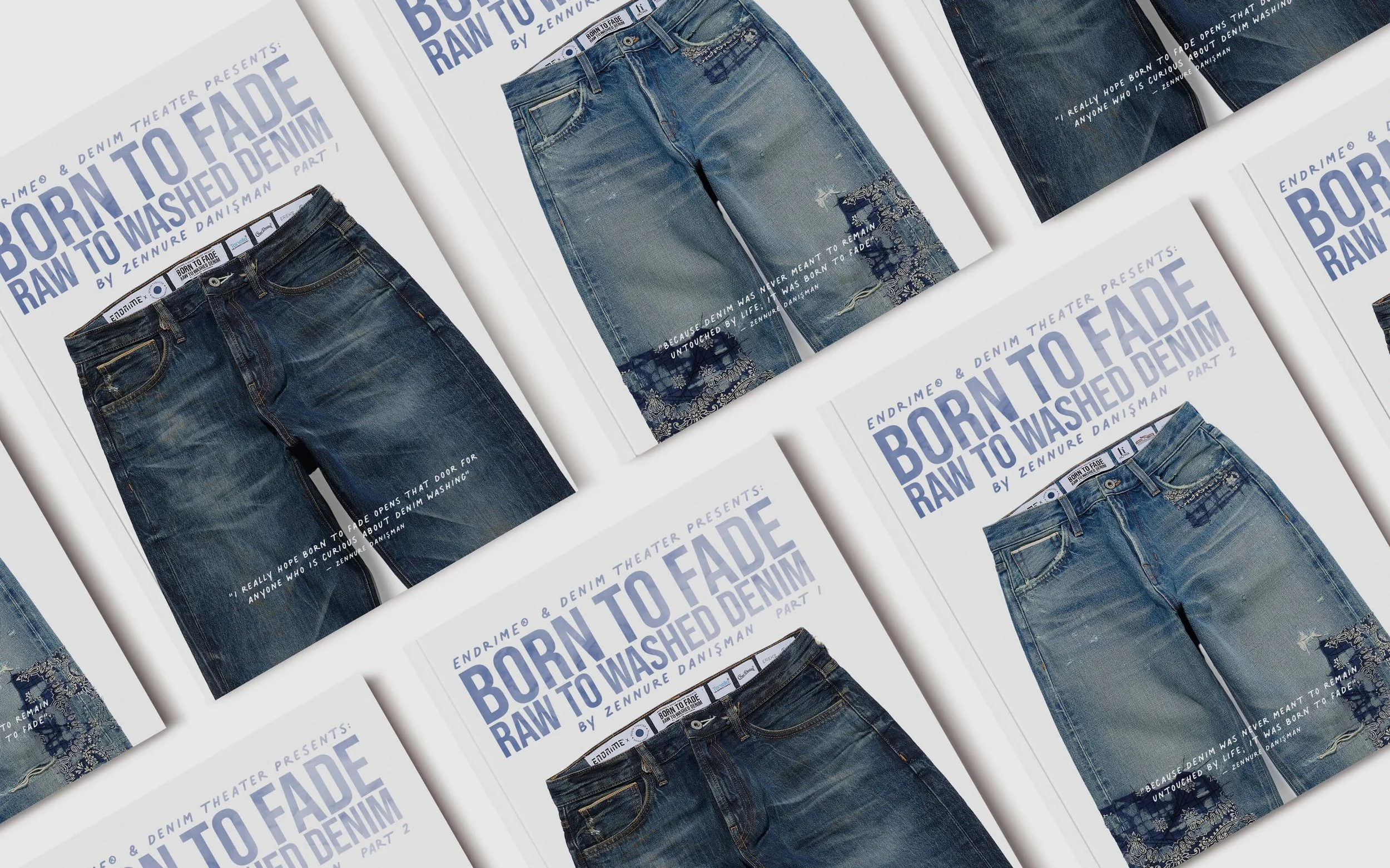 Multiple copies of the book "Born to Fade: Raw to Washed Denim" with an image of blue denim jeans on the cover, arranged in a repeating pattern.