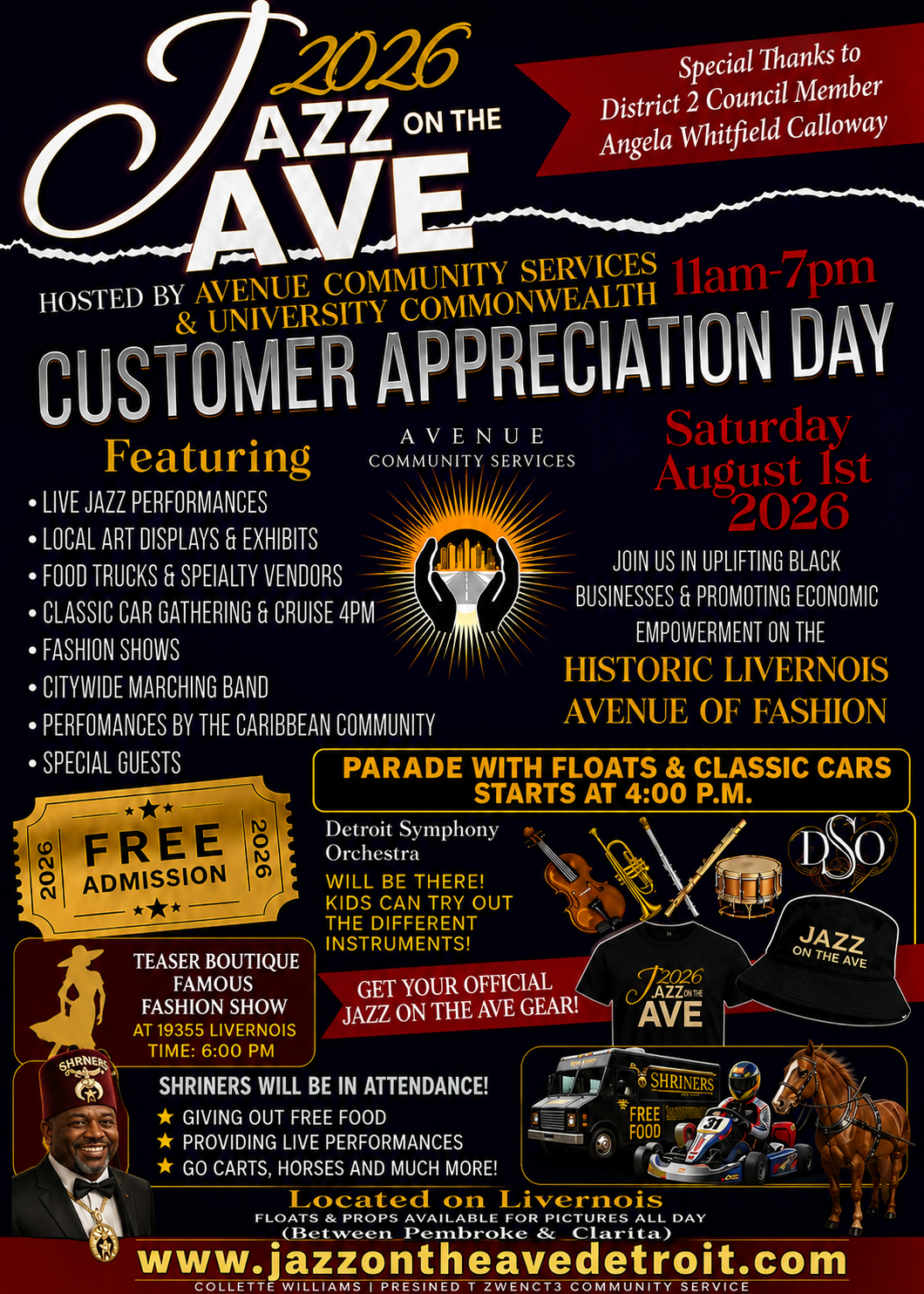 Flyer for the 2026 Jazz on the Ave event in Livorno, Michigan. The event is scheduled for Saturday, August 1st, 2026 from 11 am to 7 pm and celebrates Customer Appreciation Day hosted by Avenue Community Services and University Commonwealth. Features include live jazz, art displays, food trucks, classic cars, fashion shows, marching band, Caribbean performances, and special guests. Parade with floats and classic cars starts at 4 pm. Free admission, held on Livorno's Avenue between Pembroke and Clarita, with pictures available for attendees. Special thanks to Angela Whitfield Calloway.