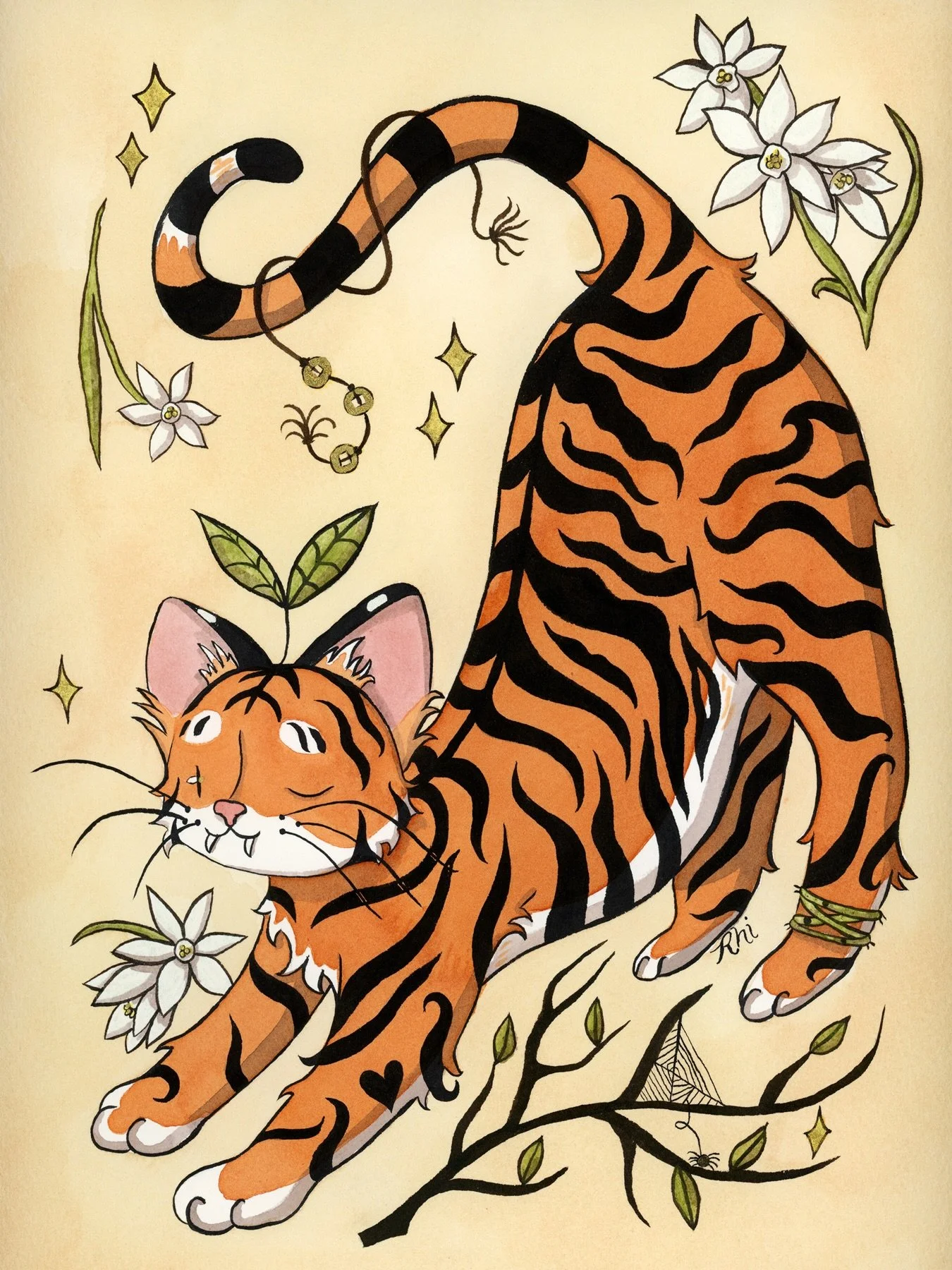 The Paperwhite Tiger 🌱🐯✨

Tea and ink on watercolour paper 🎨 the background is a mix of green and black tea, the green is matcha, &amp; the base for the other ink washes is black tea ~ the pink ink is natural sumac ink created by the lovely @bowes